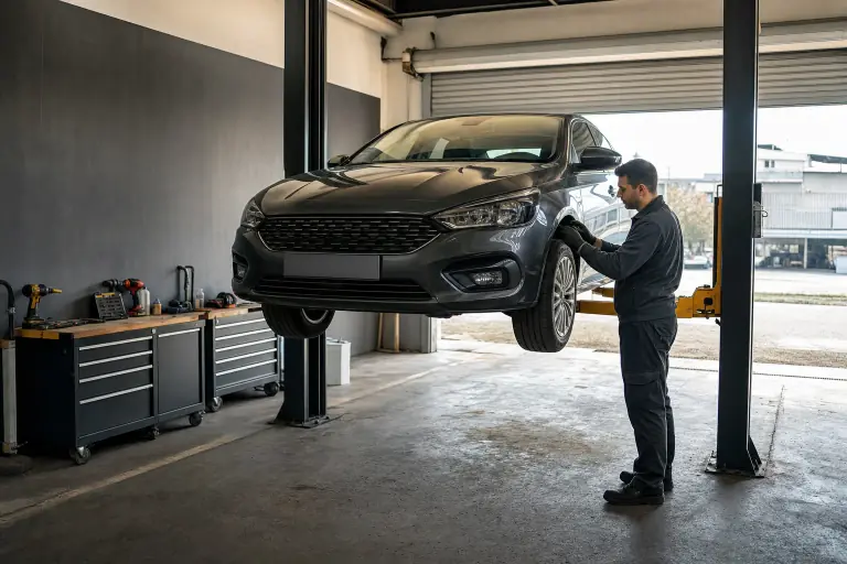 Lift üzerindeki araçta ekspertiz kontrolü yapan teknisyen